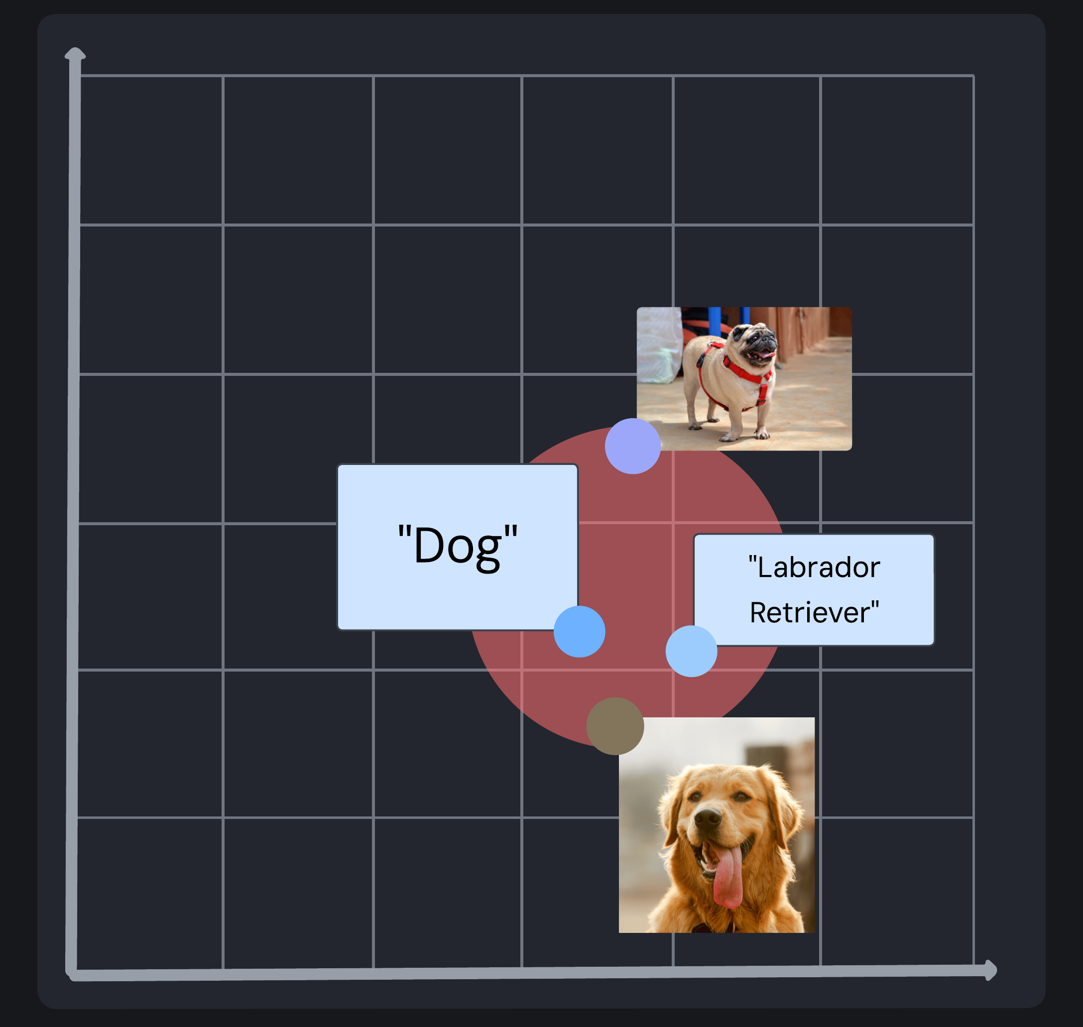 Semantic clustering of related dog (text and image) content in multimodal embedding space